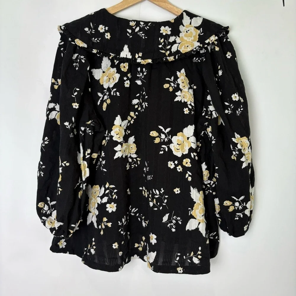 Free People Floral Blushing Blossom Black Blouse